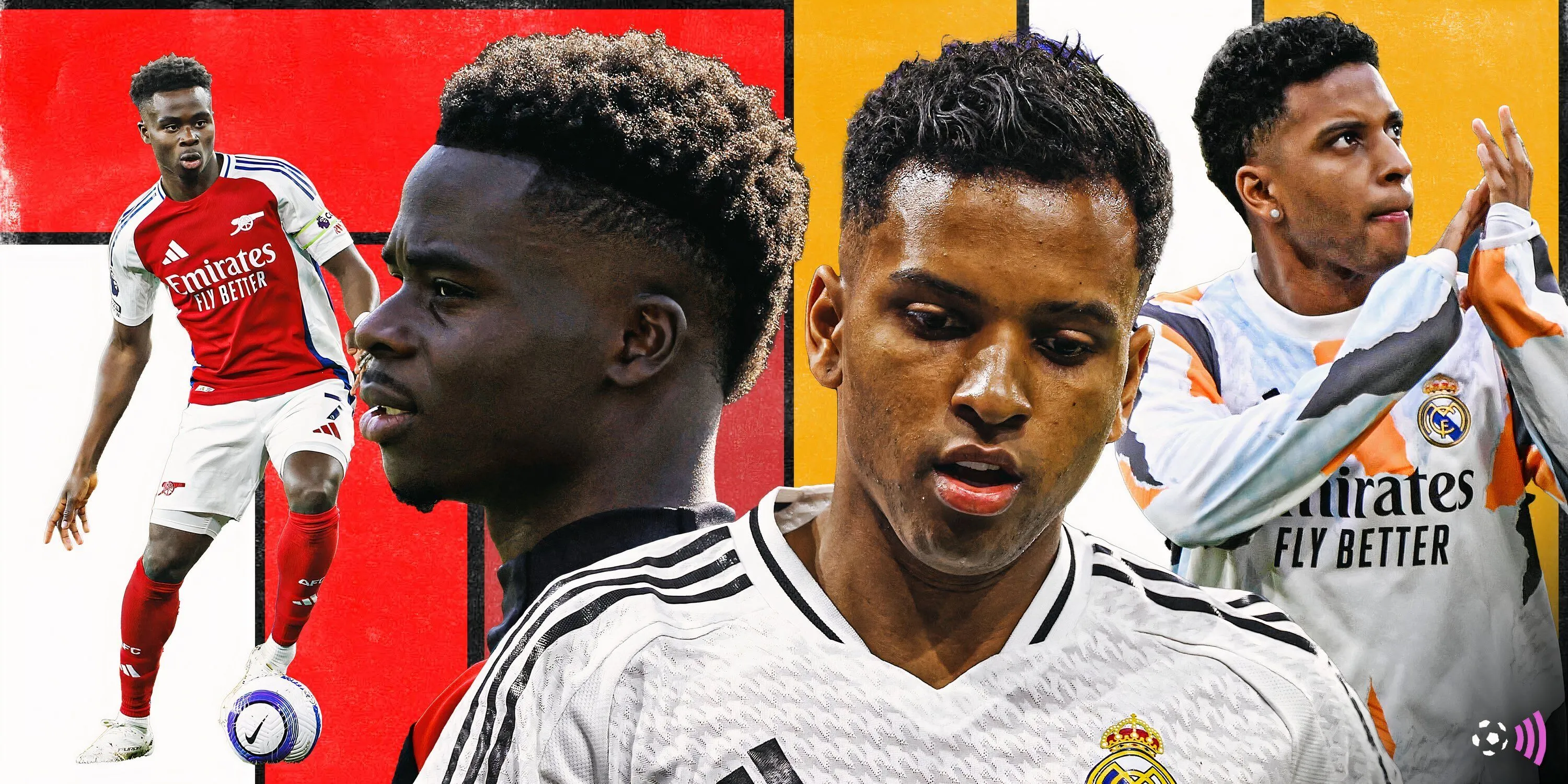Bukayo Saka và Rodrygo Goes trong màu áo Arsenal và Real Madrid.