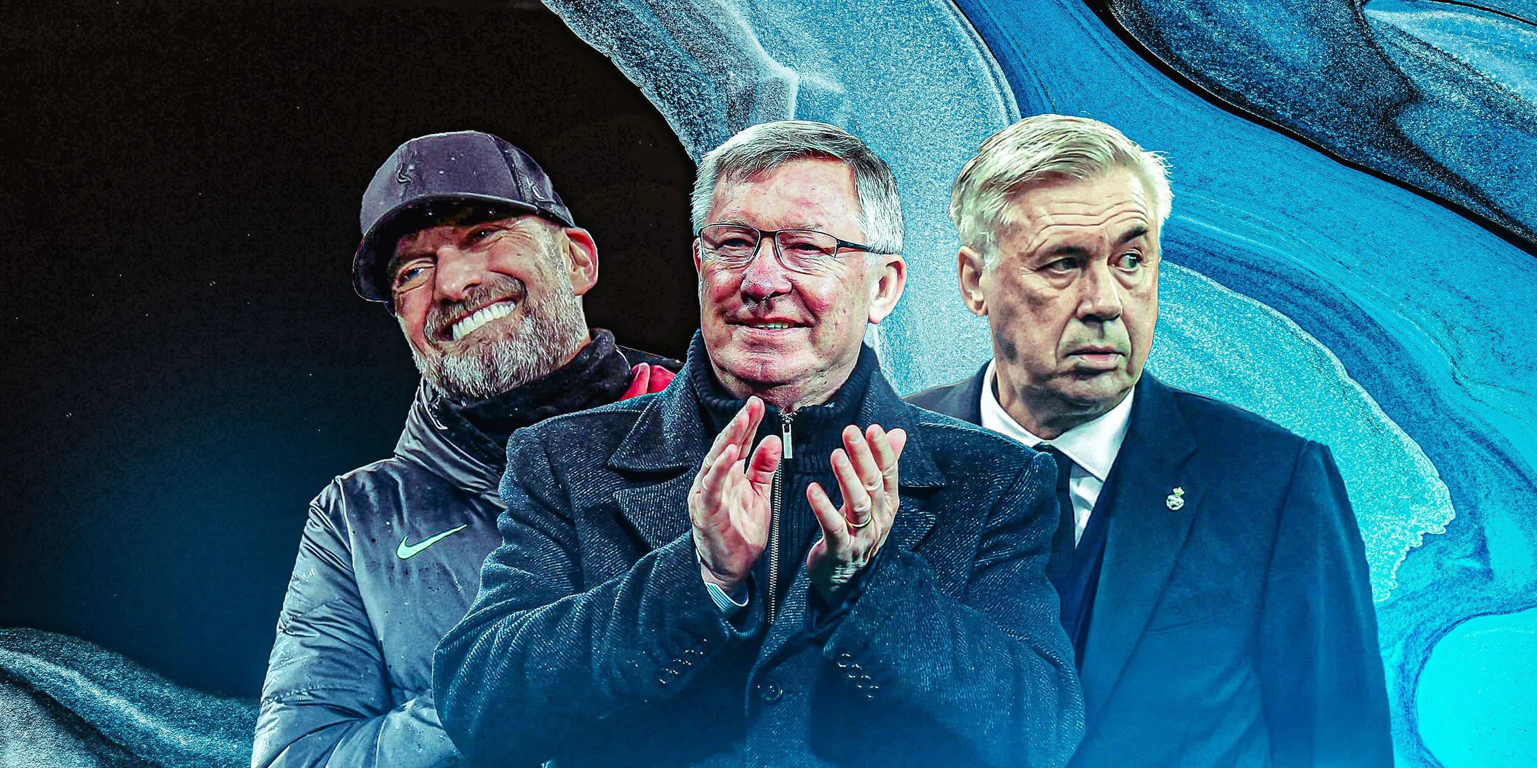 Các huấn luyện viên Sir Alex Ferguson, Jurgen Klopp, Carlo Ancelotti trên sân cỏ