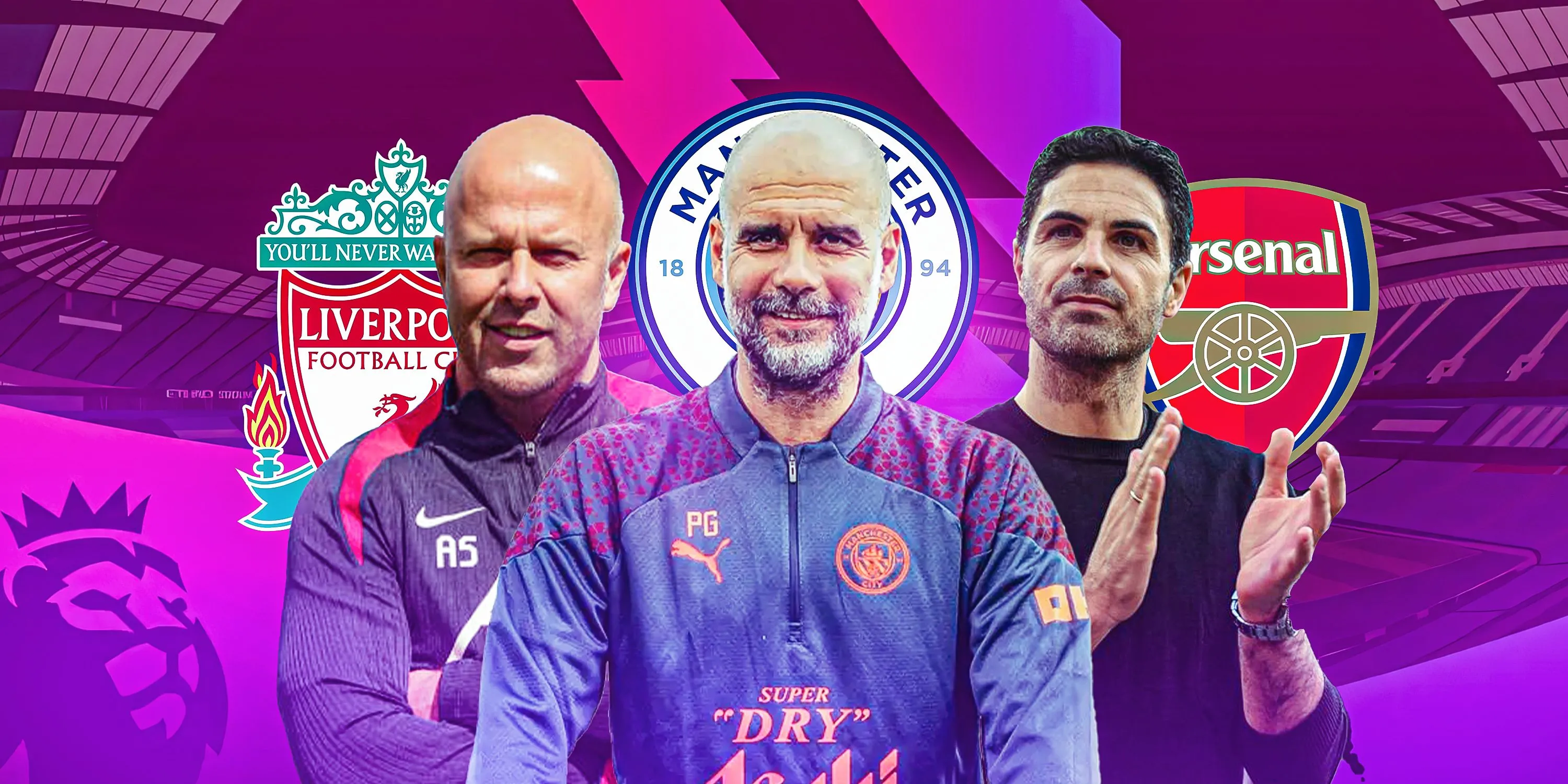 HLV Arne Slot, Pep Guardiola và Mikel Arteta trong ảnh ghép