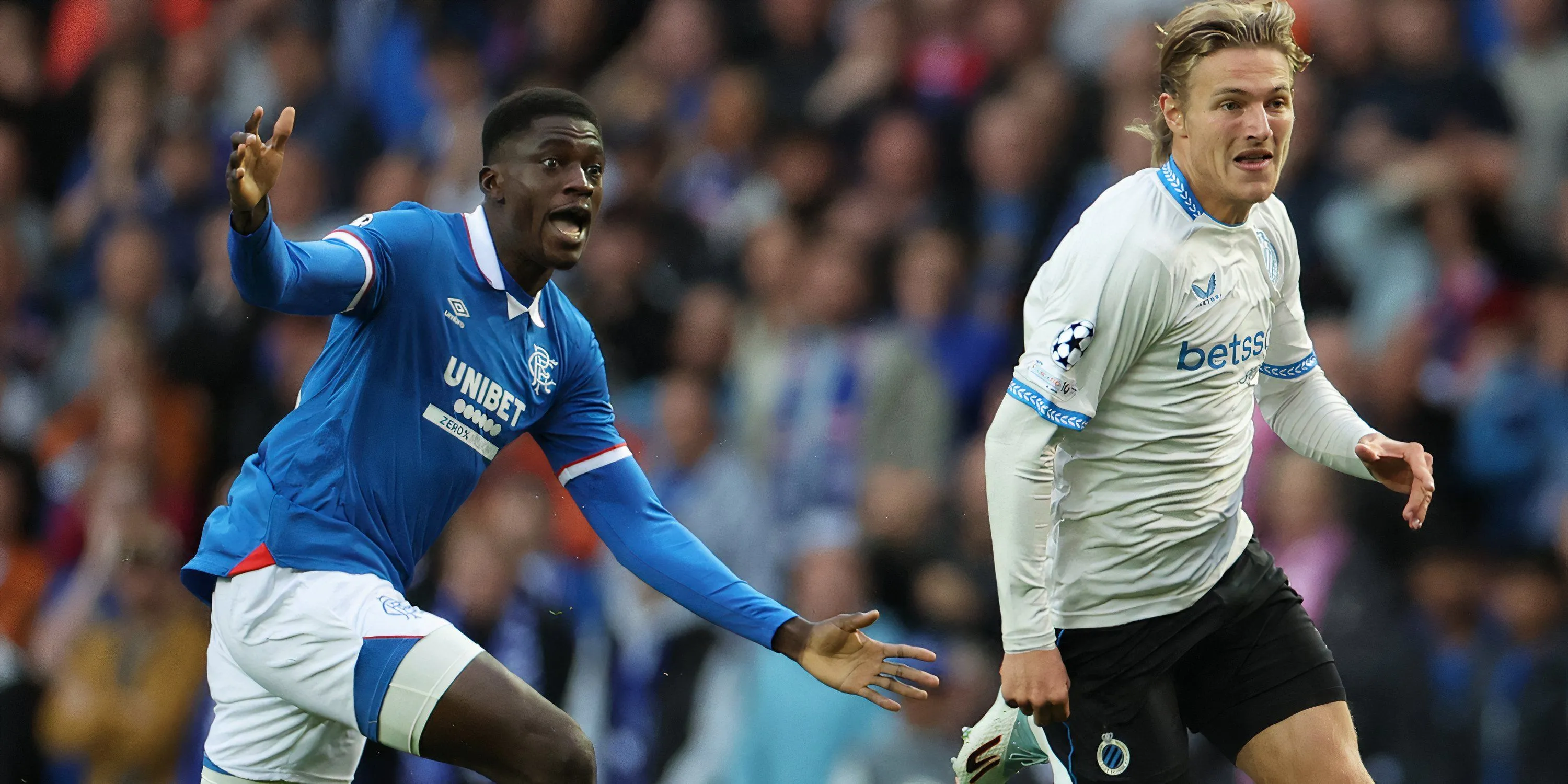 Trung vệ Nasser Djiga của Rangers mắc lỗi phòng ngự trong trận đấu quyết định với Club Brugge ở vòng loại Champions League